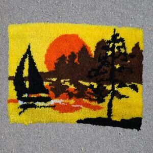 Vintage Handmade Latch Hook Rug – Sailboat Sunset Wall Hanging – 26.5 x 20
